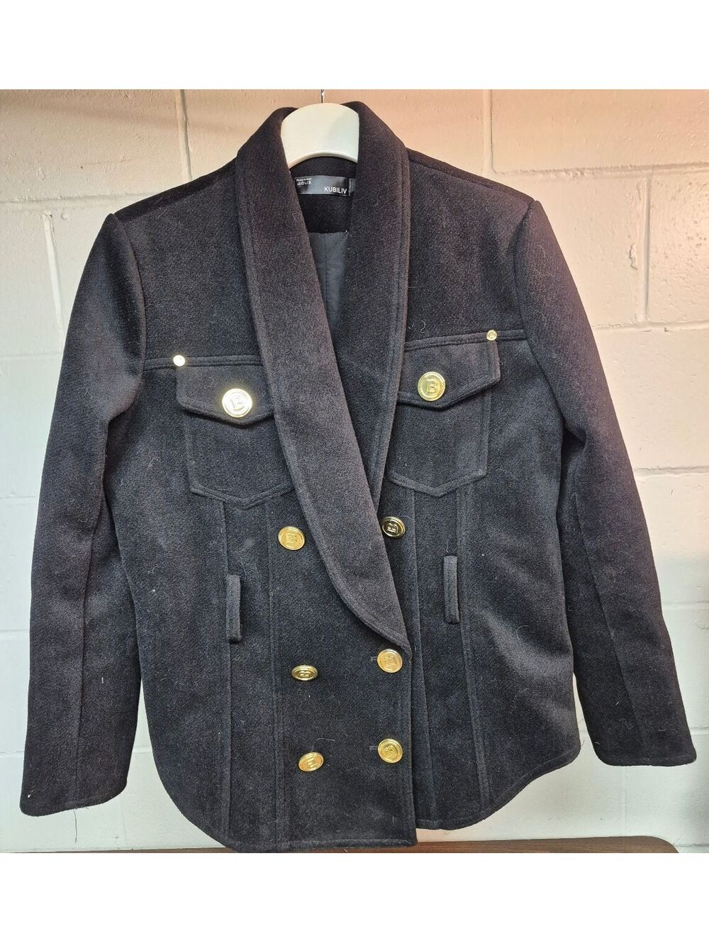 Kubiliv Black Wool Blazer with Gold Buttons, Size M